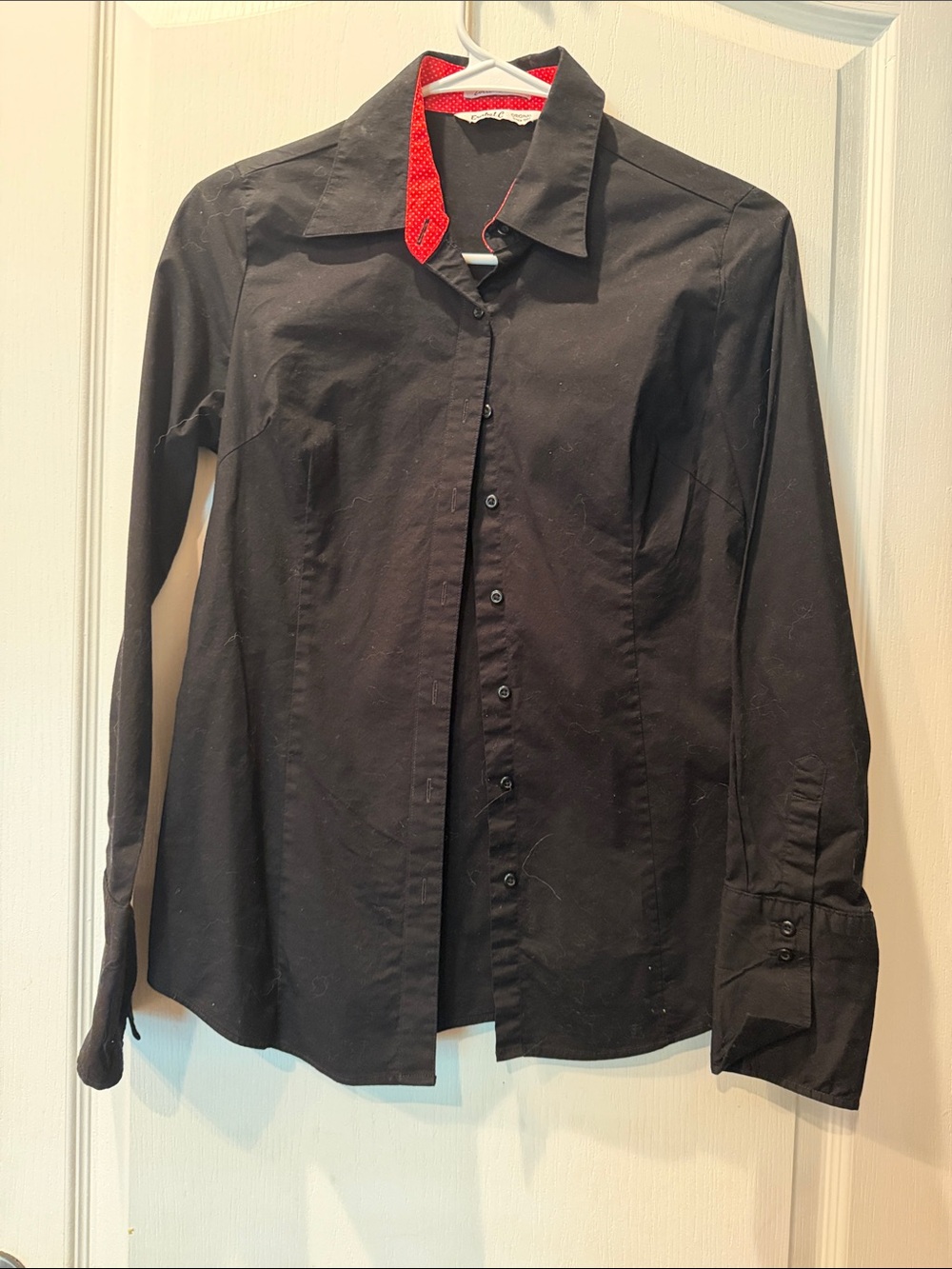Classic Black Button-Up Shirt with Red Collar Accent